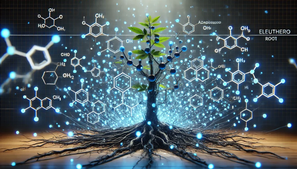 A futuristic concept illustration of Eleuthero root’s molecular structure glowing with blue bioluminescence, symbolizing the scientific research behind its adaptogenic properties.