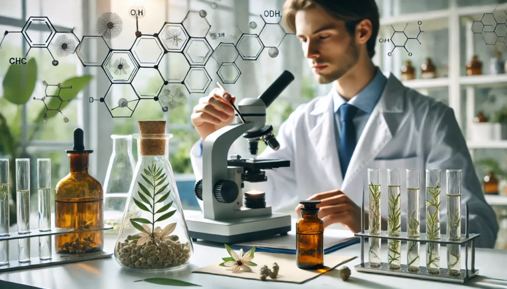 A modern scientific laboratory where a researcher is analyzing ashwagandha extract under a microscope, with glass vials of herbal extracts and molecular models in the background, symbolizing research on ashwagandha’s impact on ADHD and depression.

