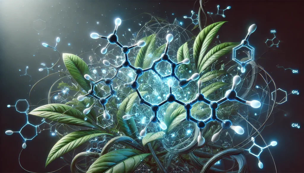 A futuristic digital visualization of ginsenoside molecular structures glowing in blue, intertwined with botanical elements, illustrating the scientific properties of white Korean ginseng