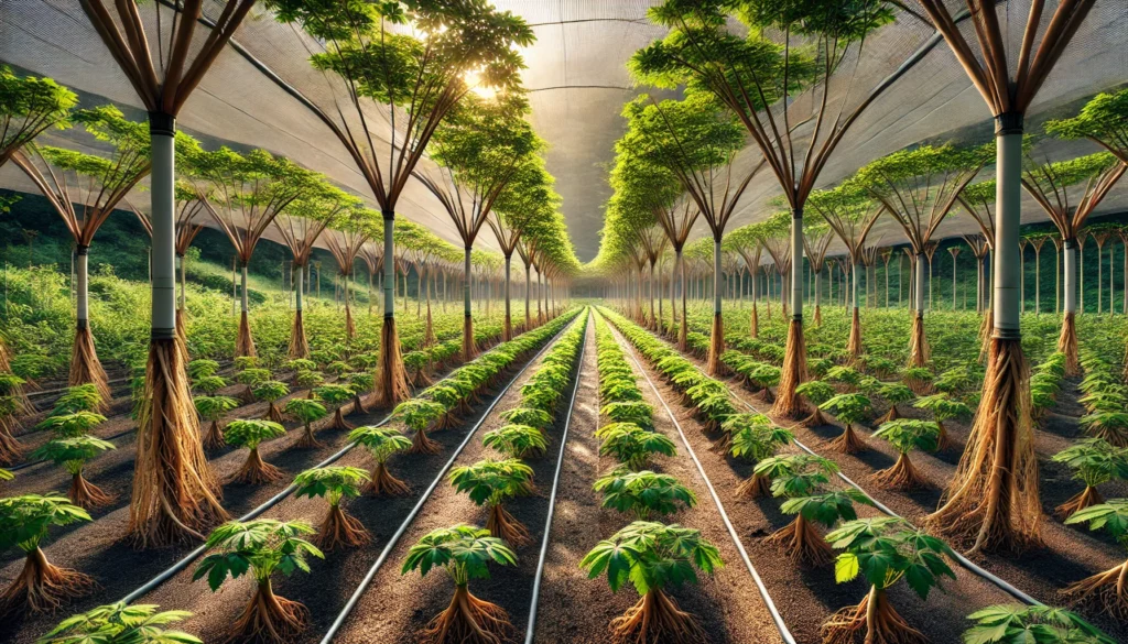 A cultivated ginseng farm with neatly arranged rows of ginseng plants growing under shade structures, demonstrating sustainable farming practices with rolling hills and trees in the background.