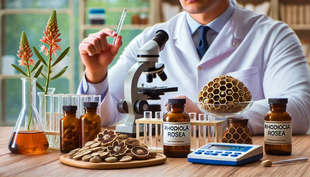 A laboratory scene with a scientist analyzing Rhodiola rosea supplements, featuring test tubes, a microscope, and precision equipment for quality testing.