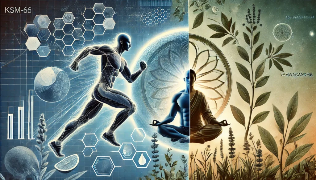 A visual representation of the health benefits of KSM-66 Ashwagandha versus traditional Ashwagandha, showing an energetic athlete on one side symbolizing performance benefits and a meditative individual in nature representing stress relief.