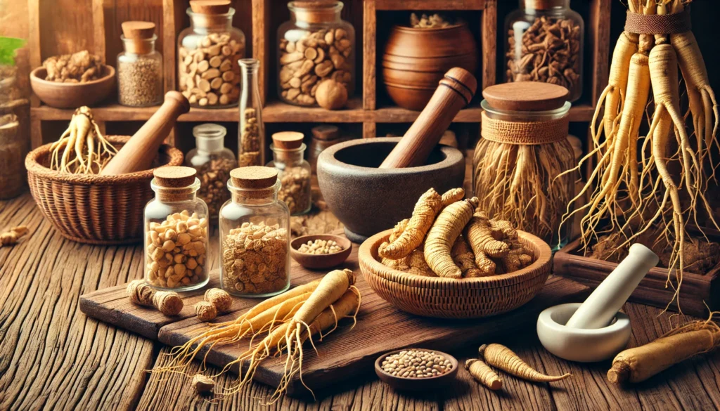 A serene herbal apothecary setting with different types of ginseng stored in glass jars, wooden bowls, and woven baskets, complemented by traditional herbal preparation tools.