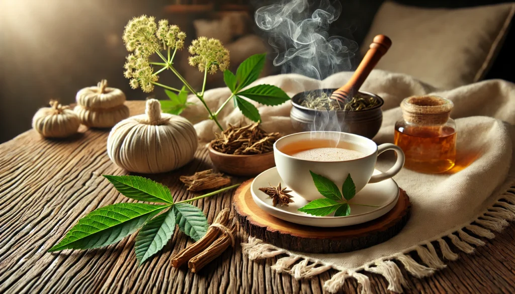 A cozy, meditative wellness setting with a steaming cup of herbal tea infused with valerian root and ashwagandha, placed on a wooden table alongside dried valerian root and fresh ashwagandha leaves, radiating relaxation and natural healing.
