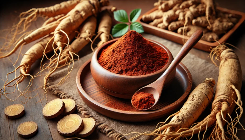 A wooden bowl filled with fine Korean red ginseng powder, surrounded by fresh and dried ginseng roots, with soft natural lighting highlighting its texture and purity.
