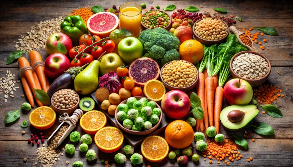 A colorful assortment of high-fiber foods, including fresh fruits, vegetables, legumes, and whole grains, arranged on a rustic wooden table, emphasizing their nutritional benefits.