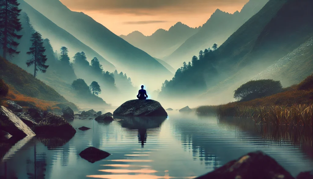  A tranquil meditation scene featuring a person sitting cross-legged on a rock by a calm lake, enveloped by misty mountains. The peaceful setting conveys relaxation, stress relief, and mental clarity, embodying the effects of Rhodiola Rosea.