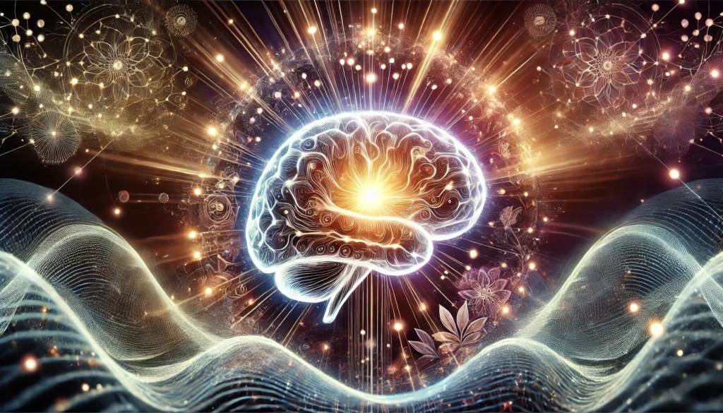 A futuristic depiction of enhanced brain function with a glowing, radiant brain, intricate neural pathways, and energy waves representing Rhodiola Rosea’s benefits for mental clarity and vitality.