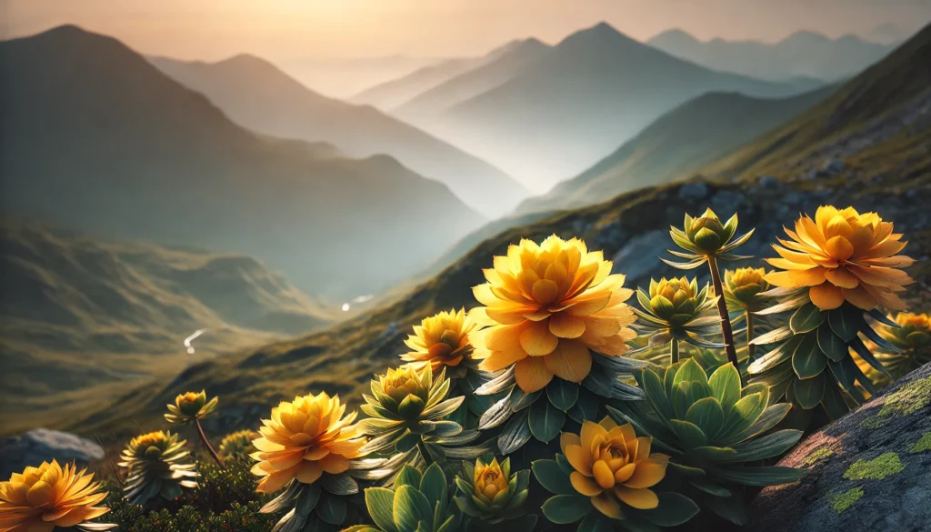 A serene mountain landscape with vibrant Rhodiola rosea flowers in the foreground, bathed in soft sunlight, symbolizing natural stress resilience and endurance.
