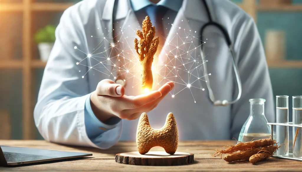  A medical concept image of a doctor’s hand holding a Rhodiola root beside a glowing 3D thyroid model, symbolizing the relationship between herbal medicine and thyroid health in a clinical setting.





