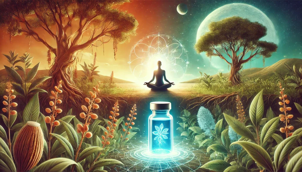 A tranquil wellness scene illustrating the balance between natural and scientific sleep aids. On the left, a lush green environment with ashwagandha roots and leaves growing vibrantly, symbolizing traditional herbal healing. On the right, a futuristic setting featuring a glowing blue vial of melatonin surrounded by a dreamy aura, representing modern sleep science. In the center, a serene person meditating, embodying the harmony between nature and science in supporting sleep and overall wellness.