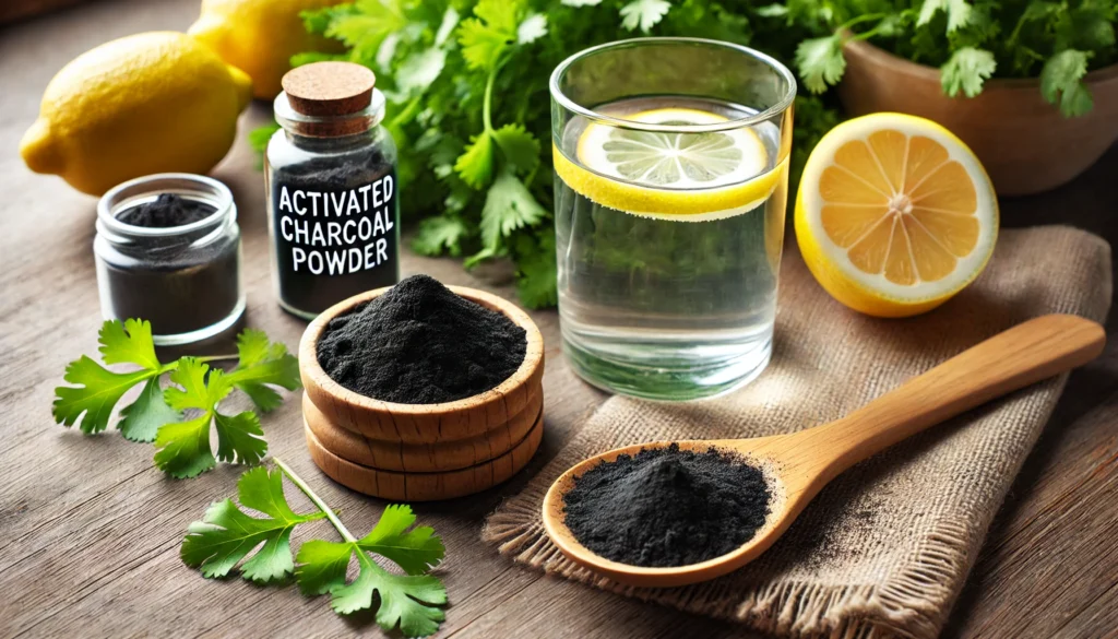 A wooden spoon filled with activated charcoal powder next to a glass of water, with fresh cilantro leaves and a lemon slice nearby, symbolizing natural mercury detoxification methods.