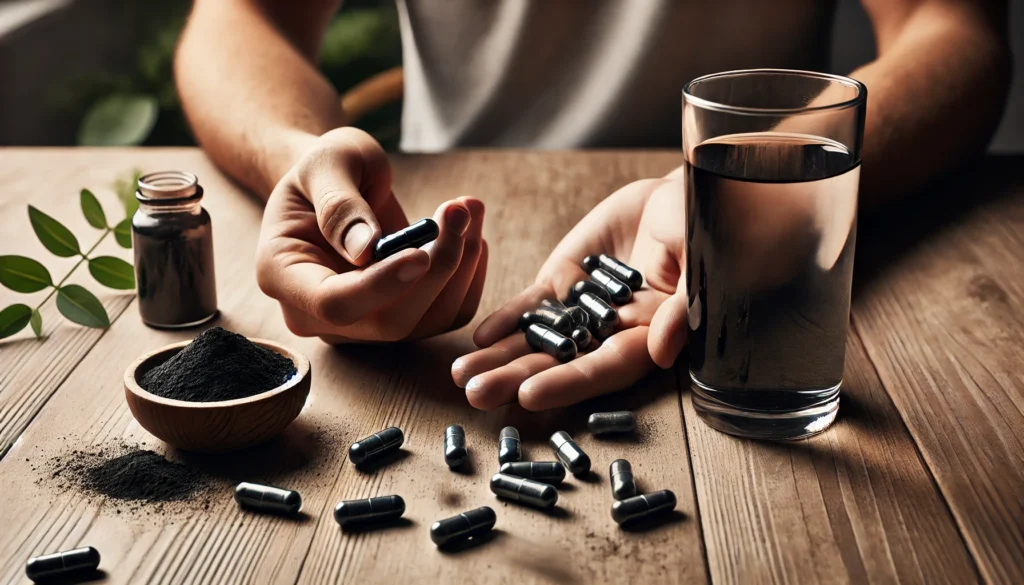 A close-up of hands holding activated charcoal capsules and a glass of water on a clean wooden table, representing natural detoxification methods for removing mold toxins from the body.