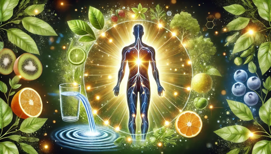 A conceptual visualization of body detoxification featuring a glowing human silhouette with detox pathways, surrounded by elements like water, green leaves, and antioxidant-rich fruits, symbolizing cleansing and renewal.