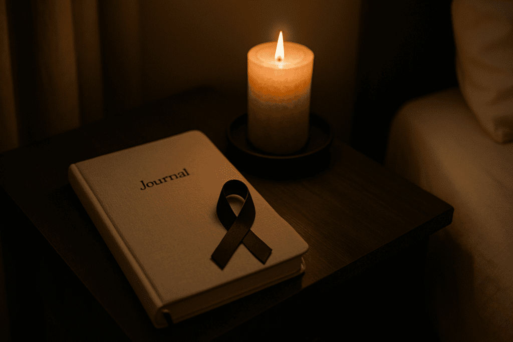 A dimly lit nightstand displays a closed journal, a black cancer awareness ribbon, and a flickering candle, all resting on a smooth wooden surface. The soft, moody lighting and uncluttered background create a contemplative atmosphere, symbolizing personal reflection, cancer recovery, and the healing power of lifestyle change through plant-based choices.