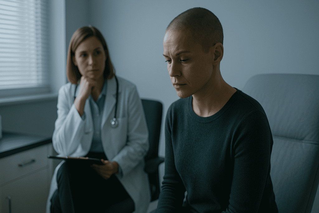 How a Plant-Based Diet May Help Reduce Cancer Risk: What Science Says About Nutrition and Tumor Prevention 2 In a softly lit medical examination room, a woman sits in quiet thought while a compassionate doctor engages her in conversation. The cool-toned setting and gentle daylight suggest a moment of serious discussion about cancer prevention through nutrition and lifestyle, reinforcing the clinical relevance of a plant-based diet in managing health risks.