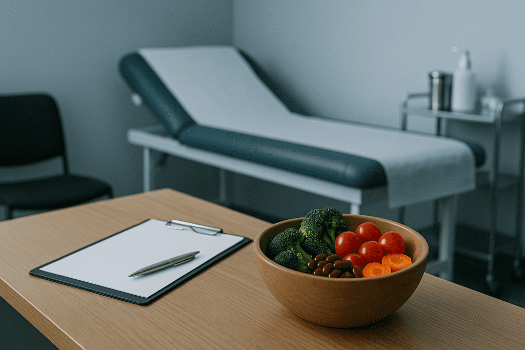 The Best Anti-Cancer Foods Backed by Science: How a Whole-Food Plant-Based Diet Supports Cancer Prevention 2 A clinical examination room displays a clean wooden desk with a bowl of fresh vegetables, set against a background of neutral walls, a medical cart, and an exam table. The contrast between the sterile environment and vibrant plant foods highlights the science-based role of diet in cancer prevention.