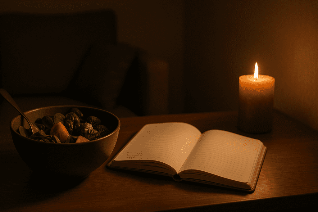 Plant-Based Diet and Cancer: What the Latest Research Reveals About Risk Reduction and Prevention 3 Inside a dimly lit room, a bowl of fresh salad, a candle, and a handwritten journal rest on a wooden surface, illuminated by soft, moody lighting. The intimate setting and symbolic objects reflect the emotional and personal journey of adopting a plant-based lifestyle for cancer risk reduction.