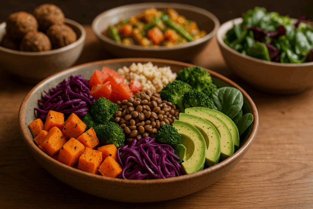 Craving Healthier Meals? Where to Find Takeout Vegetarian Food Near Me That’sDelicious and Nutritious 4 Colorful bowl of takeout vegetarian food near me featuring avocado slices, lentils, roasted sweet potatoes, broccoli, and red cabbage.
