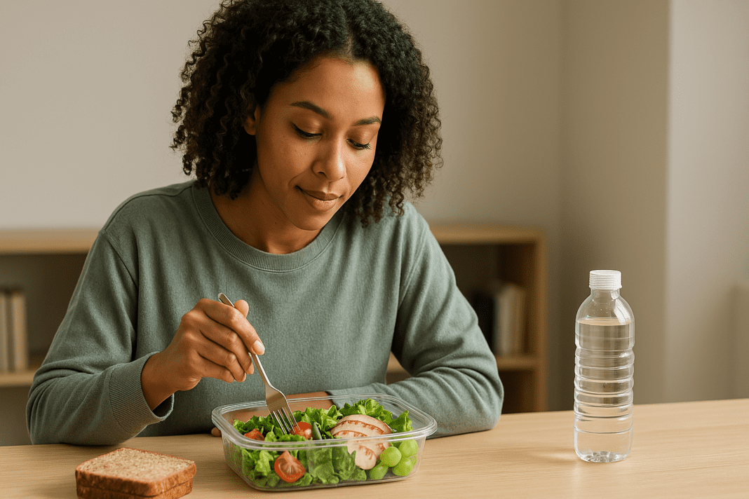 A young African American woman sits at a light wooden table, eating a healthy lunch from a container with compartments. The meal includes a salad, grilled chicken, grapes, and a sandwich, with a water bottle nearby. Sunlight streams in, and the room has a clean, minimalist background