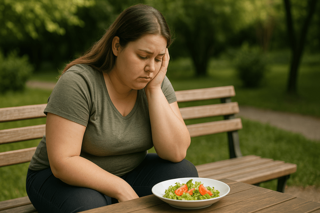A young woman with light brown hair sits on a weathered wooden bench in a park, gazing at a colorful salad in her hands. The soft sunlight and lush greenery around her evoke a calm and contemplative mood, reflecting mindfulness about her food choices.