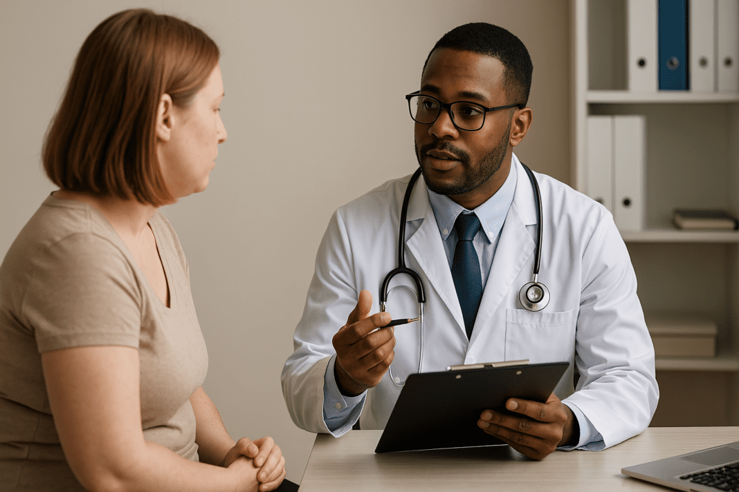 In a medical consultation scene, an African-American doctor in a white lab coat engages with a concerned Caucasian female patient wearing a beige T-shirt. The doctor holds a clipboard and pen as they converse, with neutral office tones and soft lighting creating a calm, professional atmosphere.