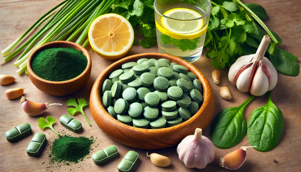 A wooden bowl filled with chlorella and spirulina tablets, surrounded by detox-friendly ingredients like garlic, fresh cilantro, and a glass of lemon water, representing natural mercury detoxification supplements.