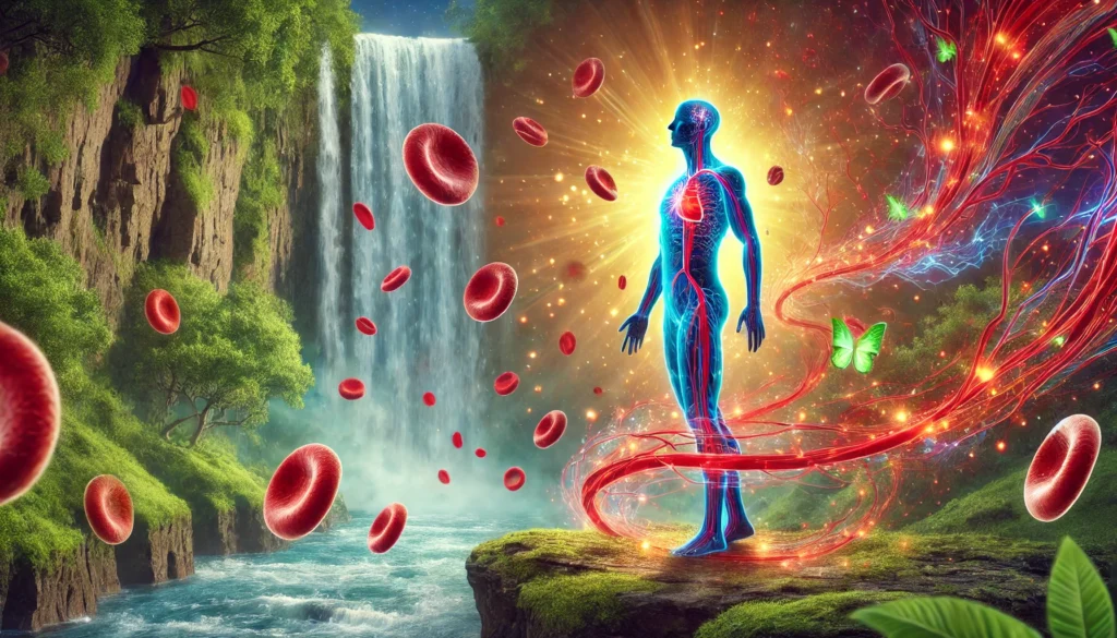 A glowing human silhouette with red blood cells flowing through the veins, set against a natural backdrop of waterfalls and green foliage, symbolizing iron detox and renewal.