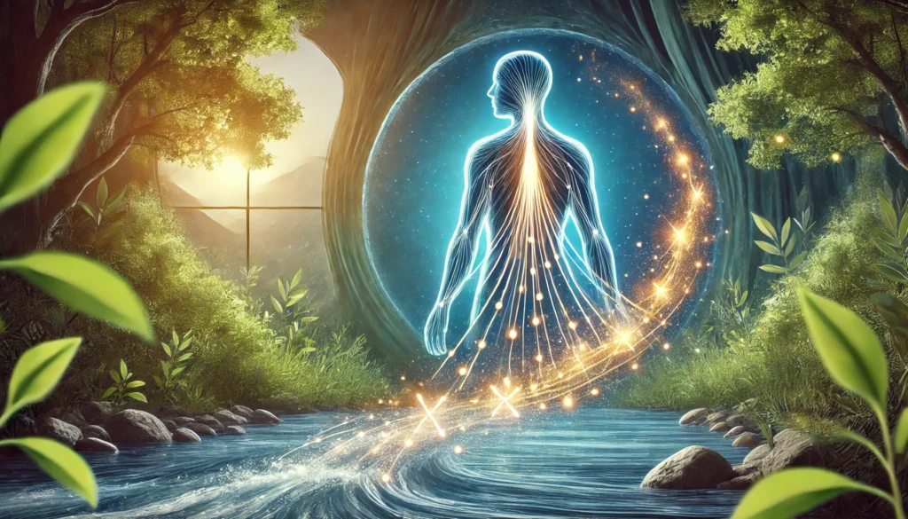 A conceptual detox illustration showing a human silhouette with glowing pathways symbolizing lead removal, set against a serene natural background with flowing water and green foliage.