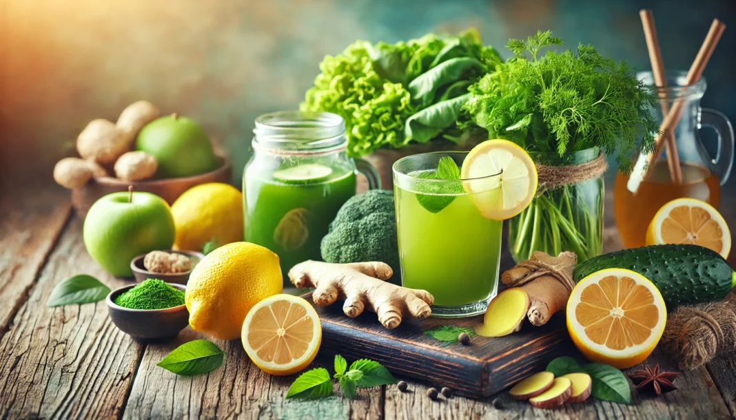 Fresh detox ingredients, including lemons, ginger, green tea, and leafy greens, arranged on a rustic wooden table with a glass of freshly squeezed detox juice