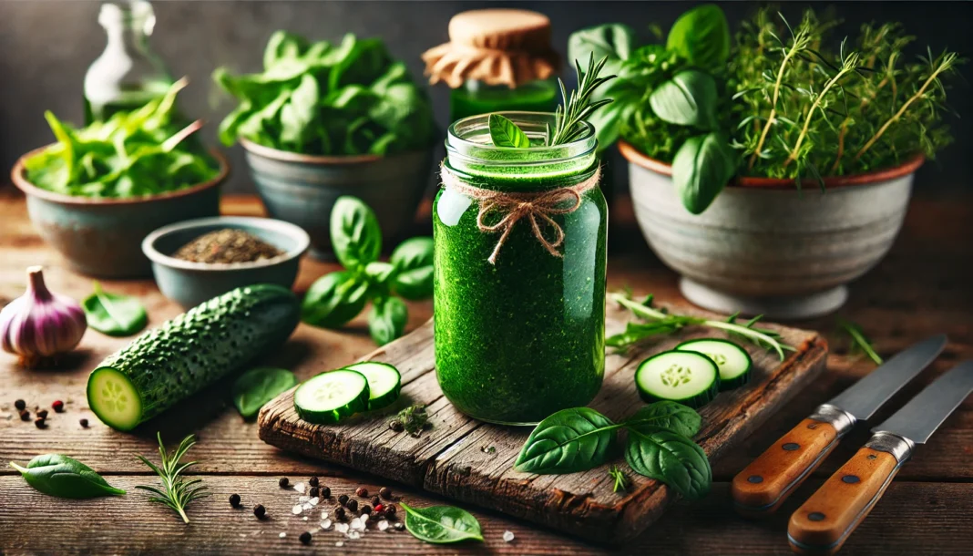 A detox smoothie in a glass jar, filled with fresh green ingredients like spinach, kale, and cucumber, placed on a rustic wooden surface with detoxifying herbs in the background, emphasizing cleansing and a healthy lifestyle