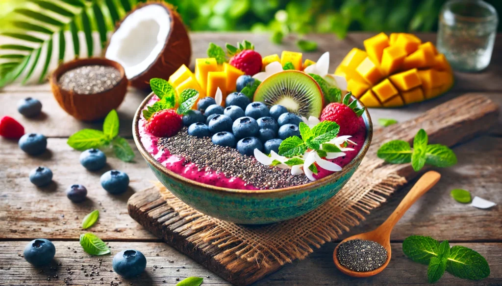 A refreshing detox smoothie bowl featuring blueberries, mango, and kiwi, topped with chia seeds, coconut flakes, and fresh mint, placed on a rustic wooden surface with green foliage in the background