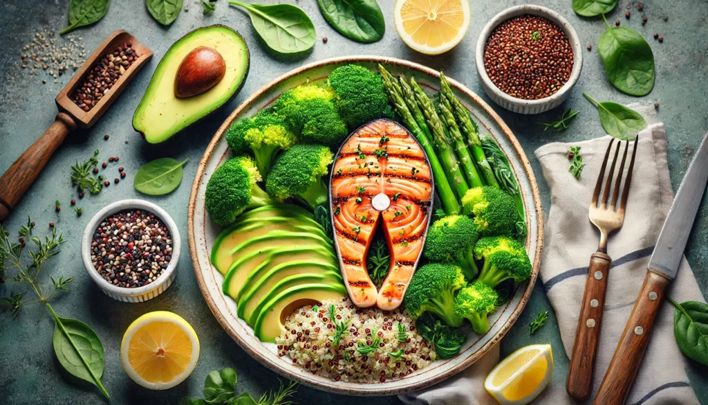 A balanced detox meal with grilled salmon, steamed broccoli, quinoa, and avocado slices, served on a ceramic plate with fresh herbs and lemon wedges, emphasizing clean and nutritious eating