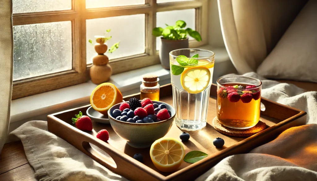 A serene morning detox scene featuring a glass of warm lemon water, a bowl of fresh berries, and detox herbal tea on a wooden tray near a sunlit window, evoking cleansing and well-being