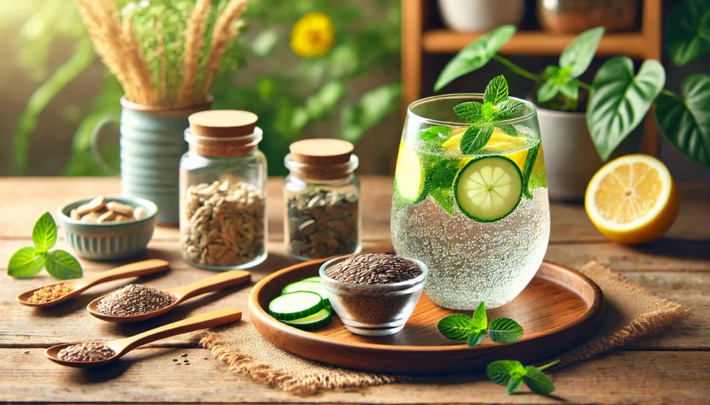 A spa-like wellness scene featuring a glass of detox water infused with lemon, cucumber, and mint, placed on a wooden tray with herbal supplements and fiber-rich seeds, promoting digestive health