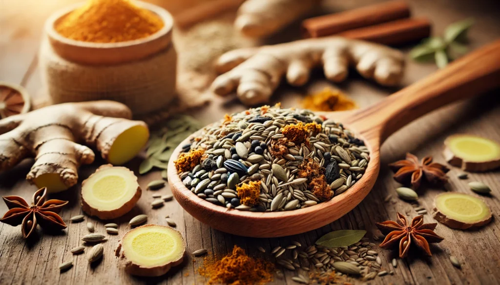 A close-up of a wooden spoon filled with a natural detox blend of fiber-rich herbs, seeds, and spices, surrounded by fresh ginger and turmeric on a rustic table, emphasizing colon cleansing benefits