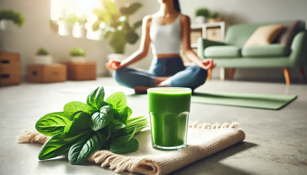 A calming wellness scene of a person meditating on a yoga mat with a fresh green smoothie in the foreground, set in a bright, minimalistic living space with sunlight streaming in, representing mindful detox and gut health