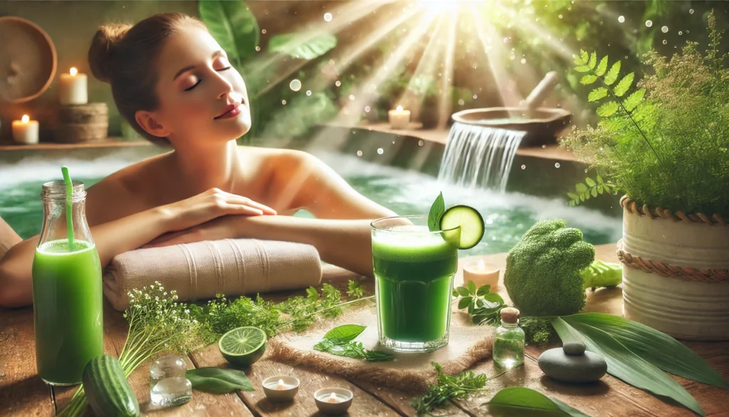 A serene scene of a person enjoying a green detox juice in a spa-like setting, surrounded by natural elements like plants, water, and soft sunlight, representing relaxation and inner cleansing