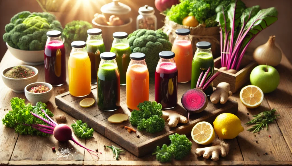 A wooden table elegantly arranged with detox juices in glass bottles, surrounded by fresh ingredients like kale, ginger, lemons, and beets, bathed in warm morning sunlight to evoke a wellness atmosphere