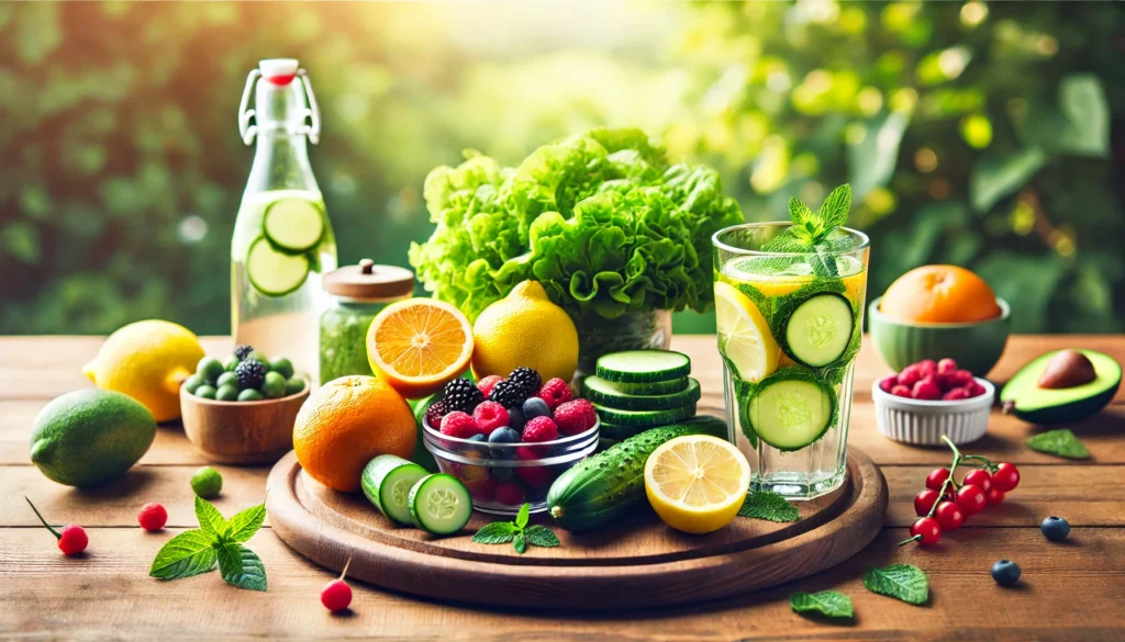 A serene detox scene featuring a wooden table with an assortment of fresh detox foods, including vibrant fruits (lemons, oranges, berries), green leafy vegetables, and a glass of infused detox water with cucumber and mint. The background is softly blurred with a peaceful, natural outdoor setting