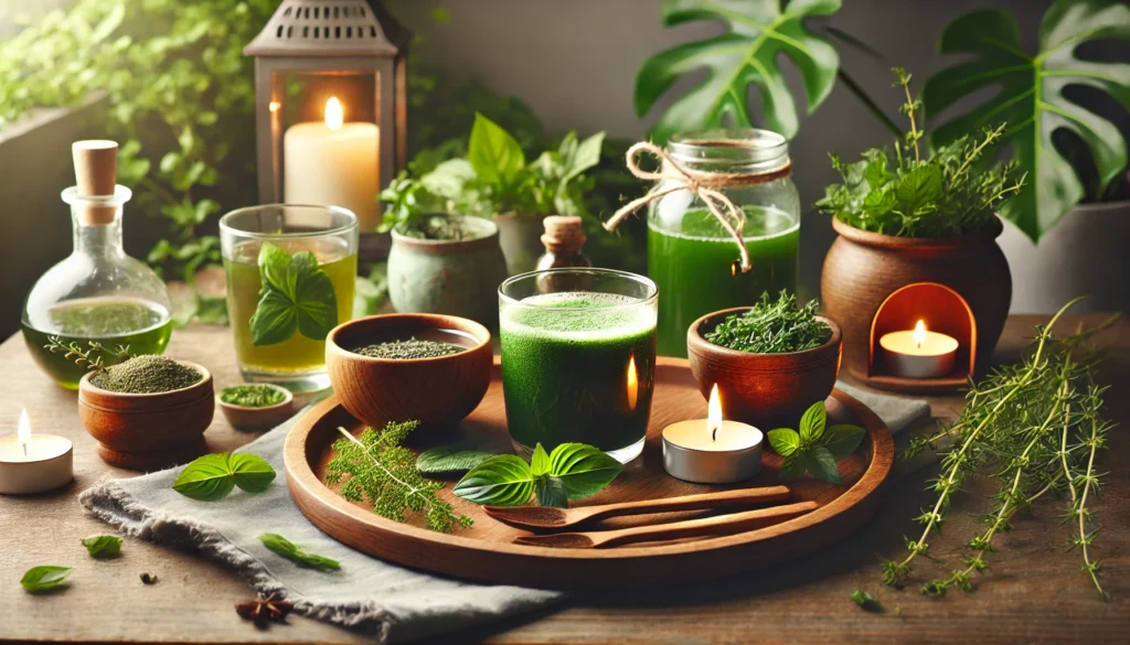 A tranquil spa-like setting with a detox theme, featuring a wooden tray with herbal tea, fresh green smoothies, a bowl of detoxifying herbs, and a burning scented candle. The soft lighting and natural greenery in the background enhance the relaxing and rejuvenating atmosphere