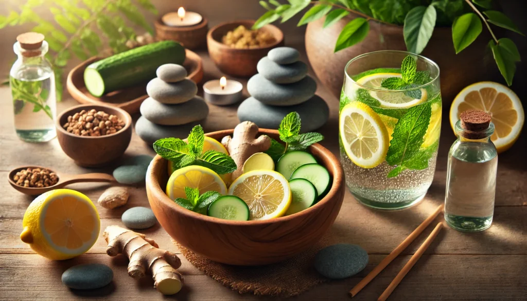 A tranquil spa setting featuring a wooden bowl filled with detox ingredients like lemon slices, ginger, and mint. A glass of infused detox water with cucumber and lemon sits beside it, surrounded by natural elements like smooth stones and lush green foliage, evoking a sense of relaxation and wellness