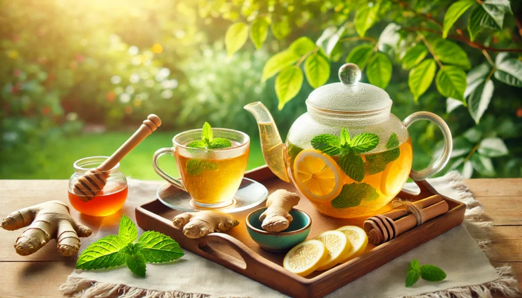 A serene outdoor scene featuring a wooden tray with a detox teapot and a cup of herbal tea infused with lemon and mint, surrounded by fresh ginger, cinnamon sticks, and honey, with soft sunlight filtering through green foliage, evoking relaxation and rejuvenation