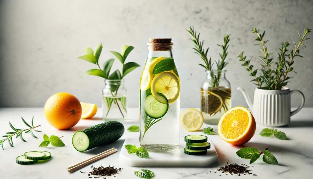 A minimalist wellness scene featuring a glass bottle of detox water infused with lemon, cucumber, and mint, surrounded by fresh oranges, green tea leaves, and a sprig of rosemary on a white marble surface, symbolizing hydration and purification during a 2-day body detox