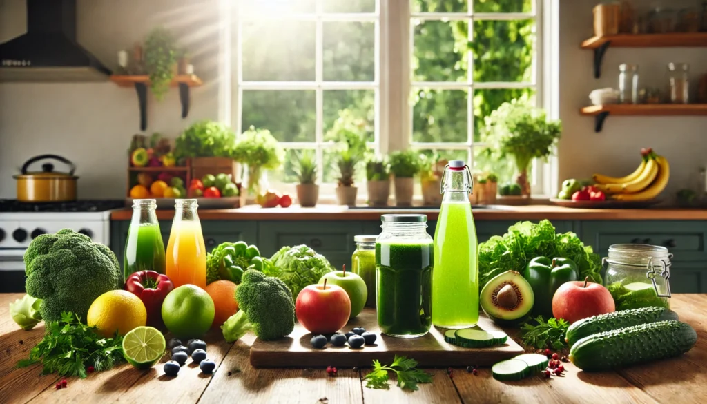 A detox-inspired scene featuring fresh fruits, vegetables, and green juices in glass bottles, arranged on a wooden table. The background showcases a sunlit kitchen with lush greenery visible through the window, creating a vibrant and healthy atmosphere