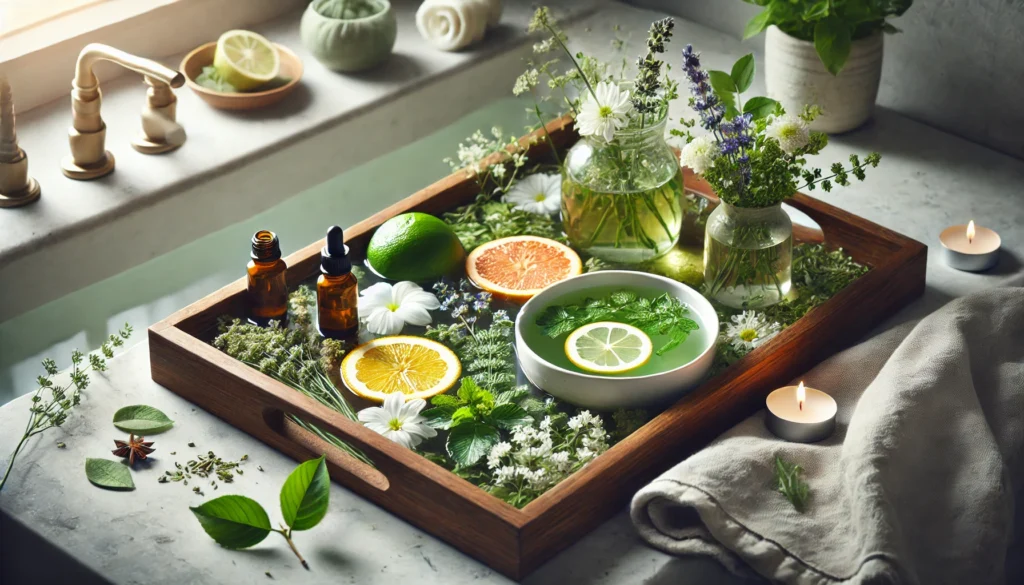 A spa-inspired detox scene featuring a herbal bath with fresh citrus slices and aromatic herbs floating in the water. A wooden tray holds a cup of green tea and essential oils, creating a relaxing and cleansing ambiance with soft natural lighting