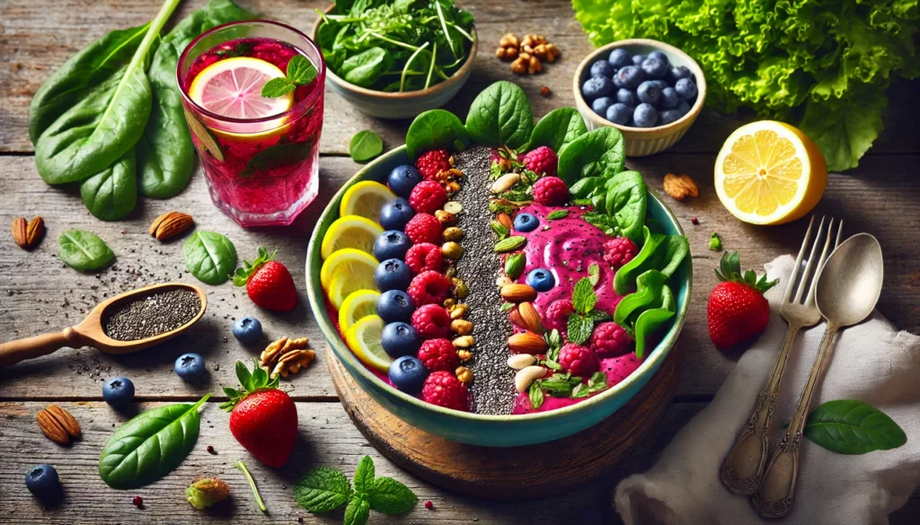 A vibrant smoothie bowl made with detoxifying ingredients like berries, chia seeds, and nuts, artistically arranged. Fresh leafy greens, lemon slices, and a glass of infused detox water surround the bowl on a rustic wooden table, radiating a fresh and healthy lifestyle