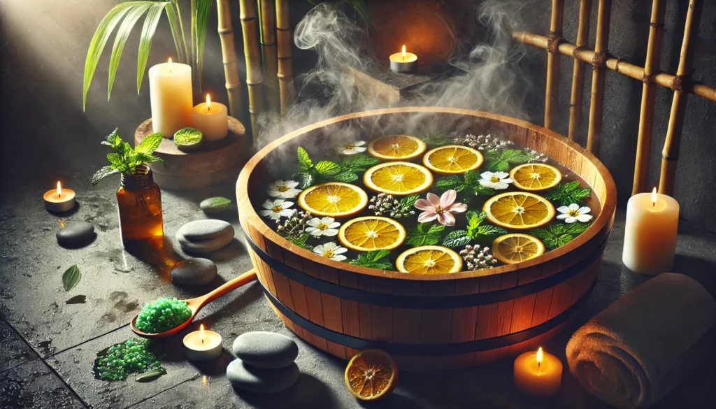 A serene spa-like scene with a detox bath featuring floating citrus slices, mint leaves, and flowers in a wooden tub, surrounded by soft candlelight, bamboo, and smooth stones, evoking deep relaxation and purification