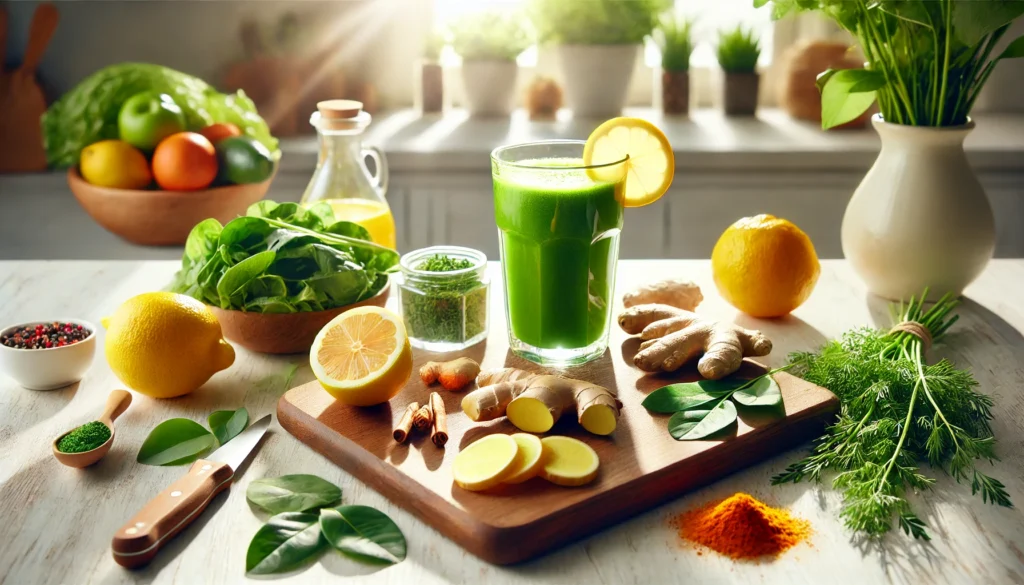 A bright, modern kitchen with a wooden cutting board showcasing fresh detox ingredients like turmeric, ginger, lemon, and green herbs, alongside a vibrant green detox smoothie, illuminated by warm natural sunlight