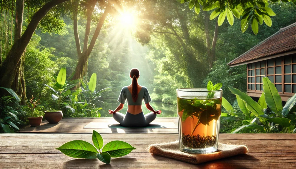 A serene outdoor scene featuring a woman practicing yoga in a lush green setting, bathed in soft morning sunlight, with a glass of herbal detox tea on a wooden surface, symbolizing purification and holistic wellness